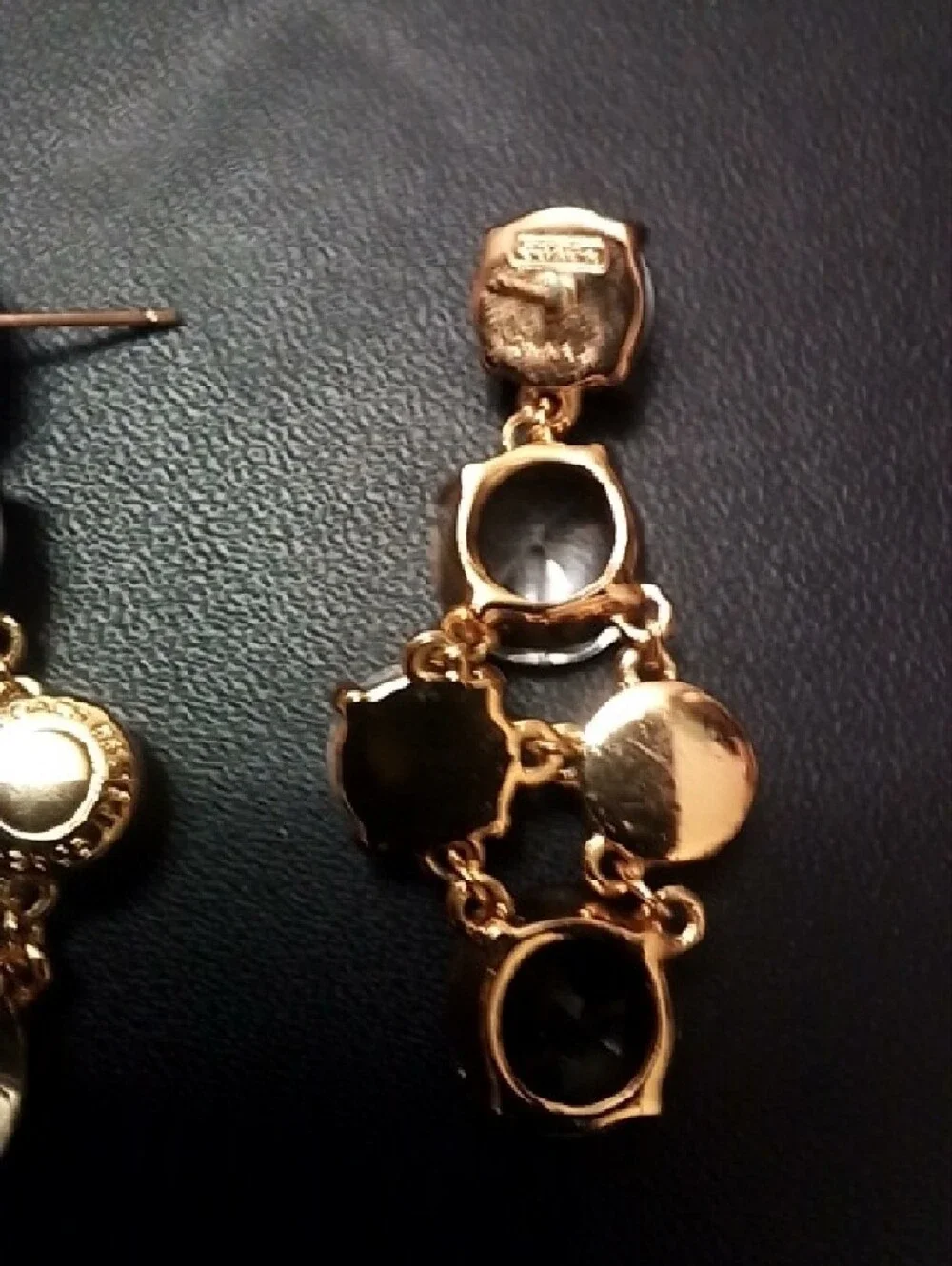 Coach Gold-Tone Drop Earrings with Clear Stones and Dark Gray Pearls - Picture 2 of 4